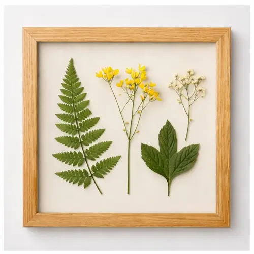 quadro decorativo com folhas prensadas em moldura de madeira