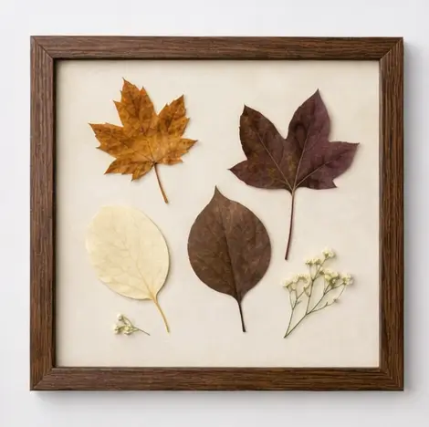 composição com folhas prensadas em quadro artesanal