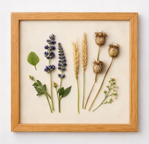 quadro decorativo com folhas prensadas aplicado em decoração botânica